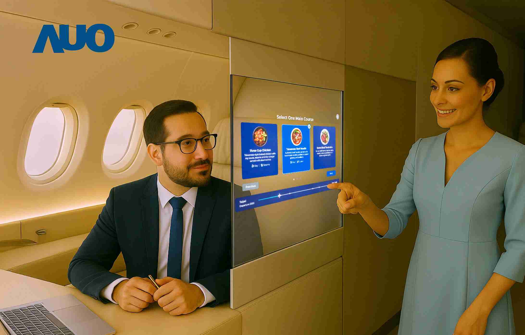 z6尊龙研发全球最薄17.3 吋双面透明 Micro LED 显示器，，可在同一屏幕之双边投射不同信息，，，，创造独特的”透明化”互动；图为实时翻译交流应用情境